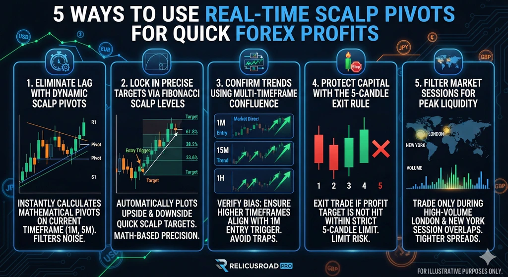 Infographic summarising five real-time scalp pivot rules: dynamic scalp pivots that remove lag, Fibonacci scalp targets, multi-timeframe confluence, the 5-candle exit rule, and trading only high-volume session overlaps.