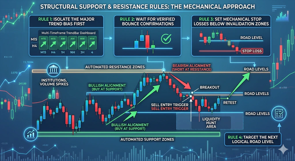 Infographic of structural support and resistance rules: isolate the trend bias on the multi-timeframe TrendBar, wait for a verified bounce confirmation, set mechanical stops below the invalidation zone, and target the next Road Level.